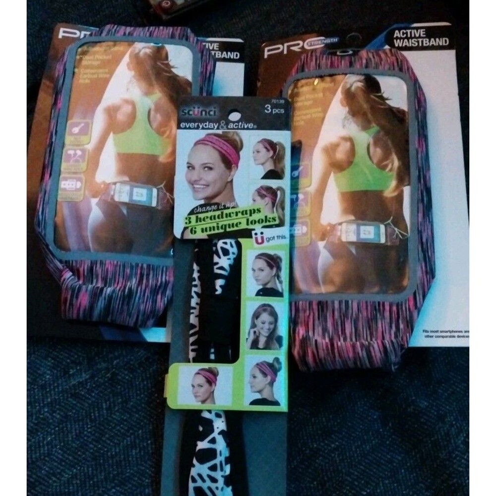 3pc Fitness Lot: 2 Pro Strength Active Waistband Phone Holders & Scunci Headwrap